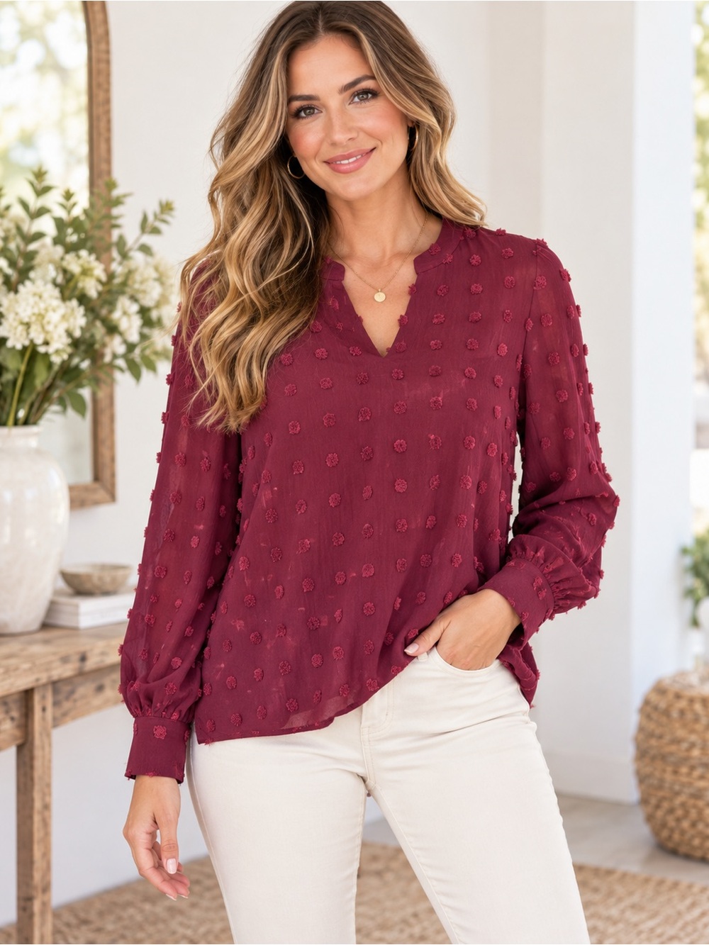 Boutique/Unbranded Swiss Dot Pom-Pom Split V-Neck Long Sleeve Blouse Size Small